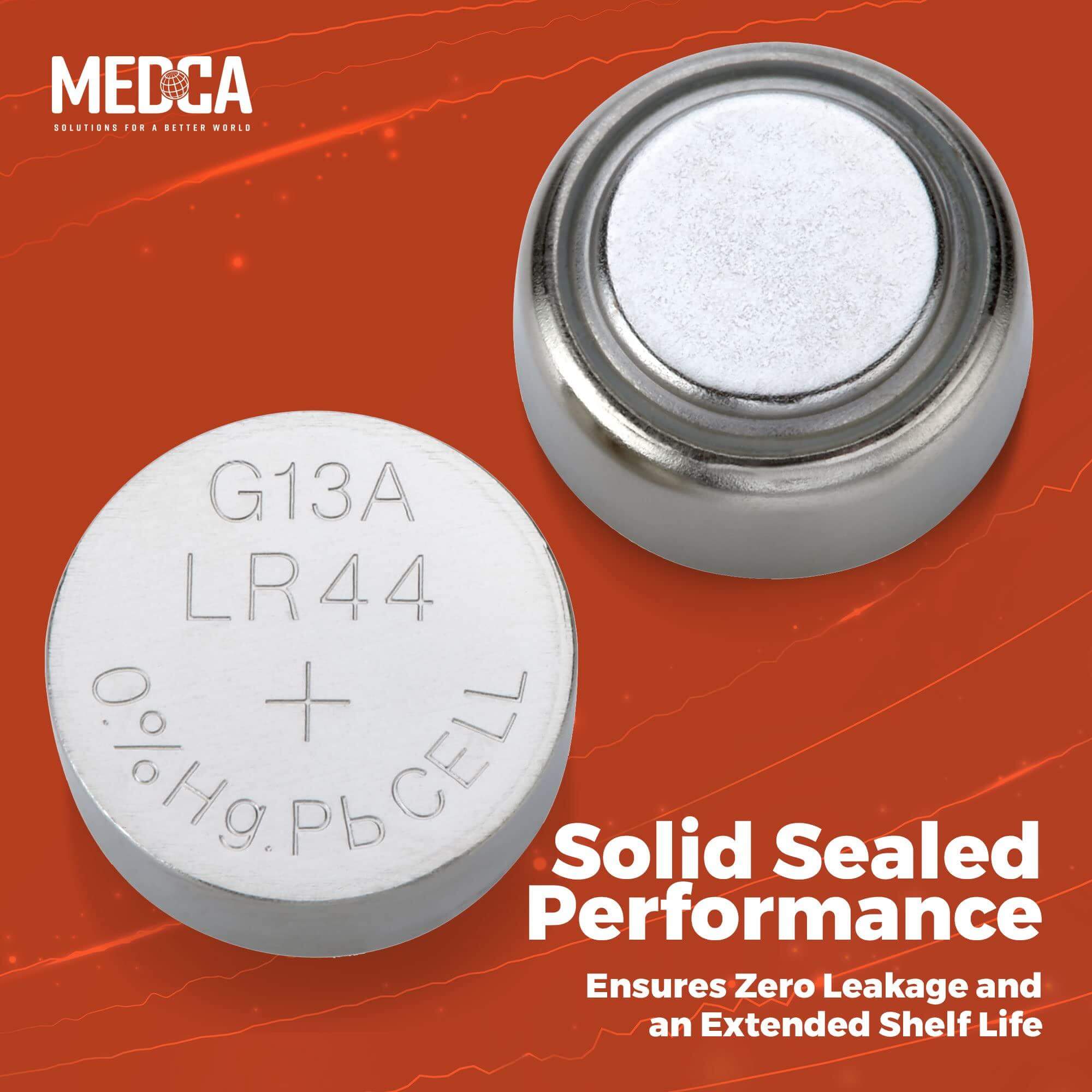 MEDca 1.5V Alkaline Batteries - LR44 L1154 AG13 357 303 SR44 Battery - Button Coin Cell for Hearing Aids and Amplifiers, Toys, Remotes, Calculators, Lasers | Long Lasting Power | Anti Corrosion | 60 PCS