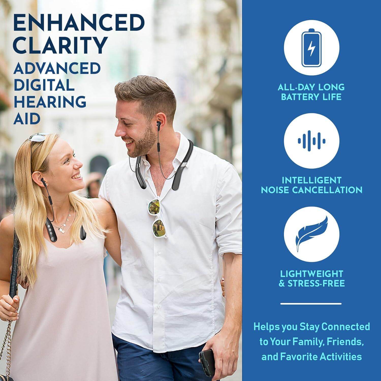 Rechargeable Hearing Aids - Wireless Hands-Free Neckband, Noise Reduction Neck Sound Amplifying Device Helps Aid Comfortable Hearing for Listening, Watching TV, Conversations for Seniors & Adults, Bluetooth