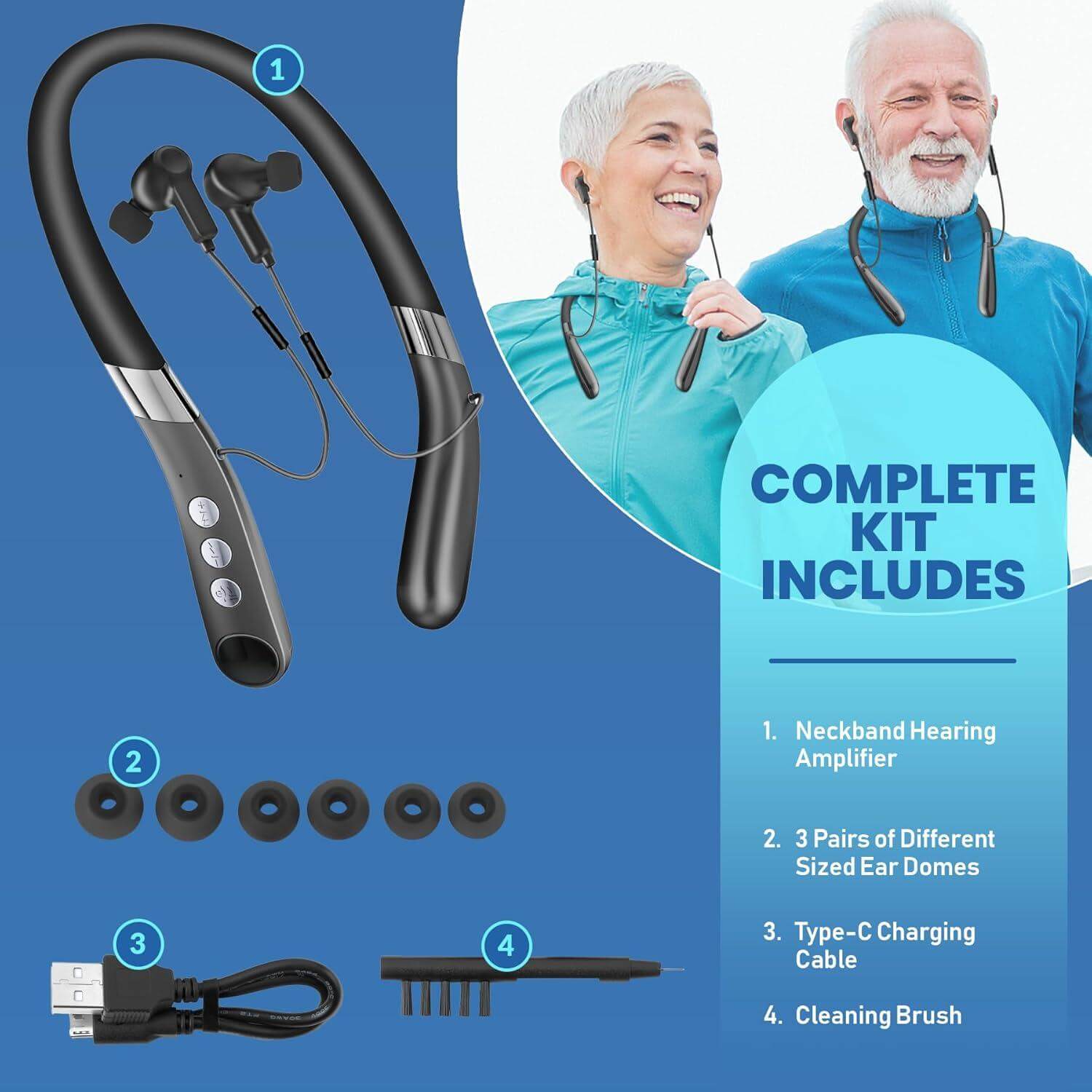 Rechargeable Hearing Aids - Wireless Hands-Free Neckband, Noise Reduction Neck Sound Amplifying Device Helps Aid Comfortable Hearing for Listening, Watching TV, Conversations for Seniors & Adults, Bluetooth