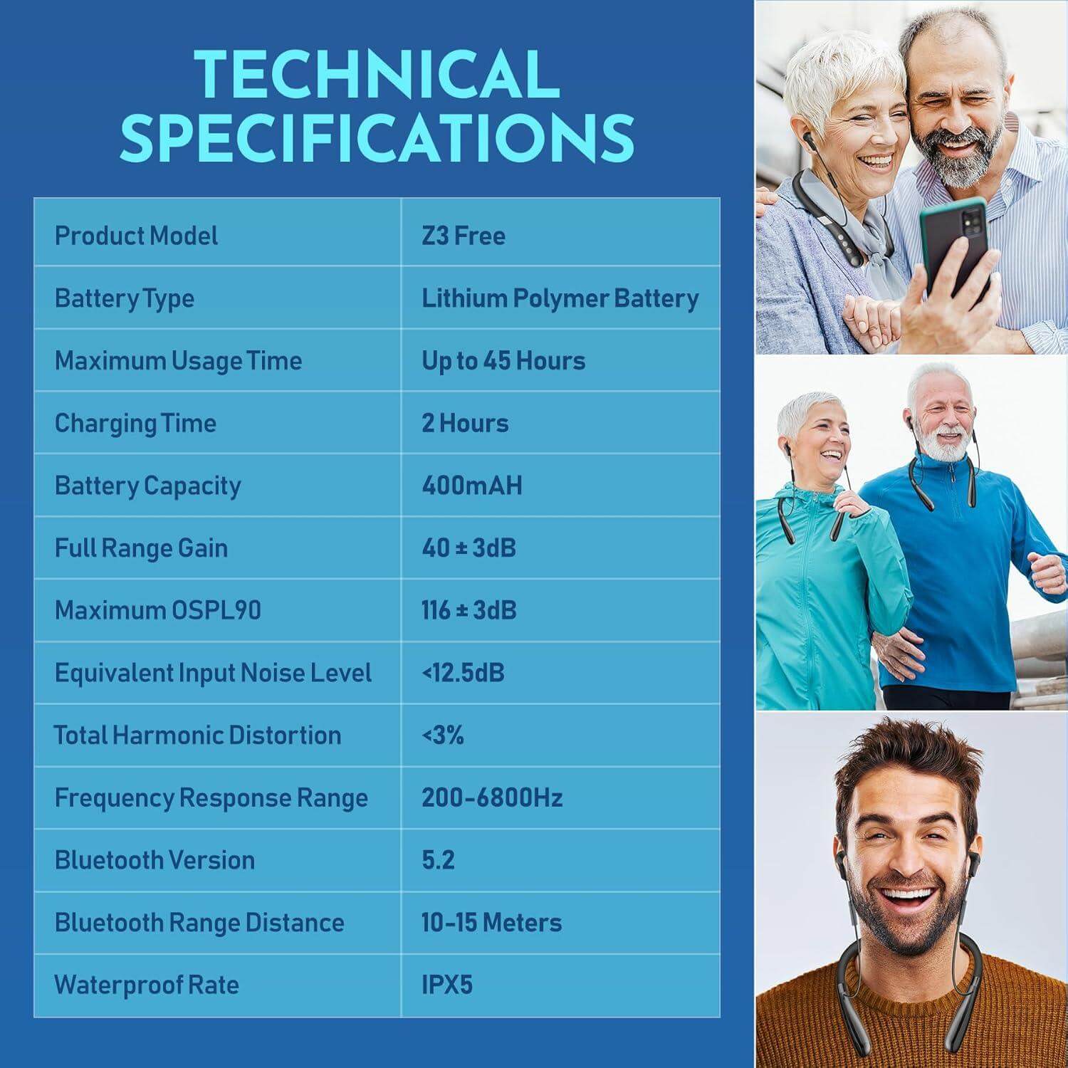 Rechargeable Hearing Aids - Wireless Hands-Free Neckband, Noise Reduction Neck Sound Amplifying Device Helps Aid Comfortable Hearing for Listening, Watching TV, Conversations for Seniors & Adults, Bluetooth