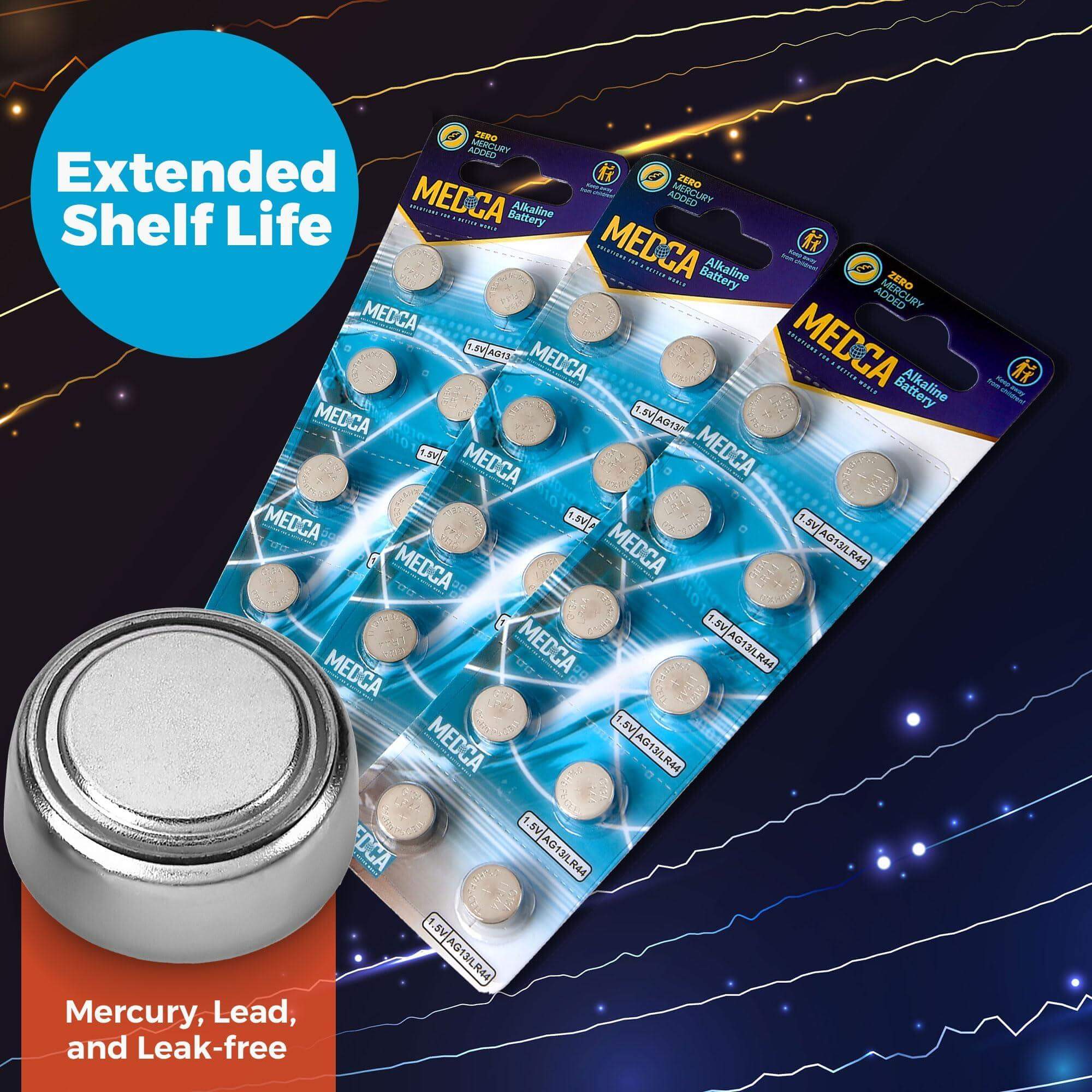 MEDca 1.5V Alkaline Batteries - LR44 L1154 AG13 357 303 SR44 Battery - Button Coin Cell for Hearing Aids and Amplifiers, Toys, Remotes, Calculators, Lasers | Long Lasting Power | Anti Corrosion | 30 PCS