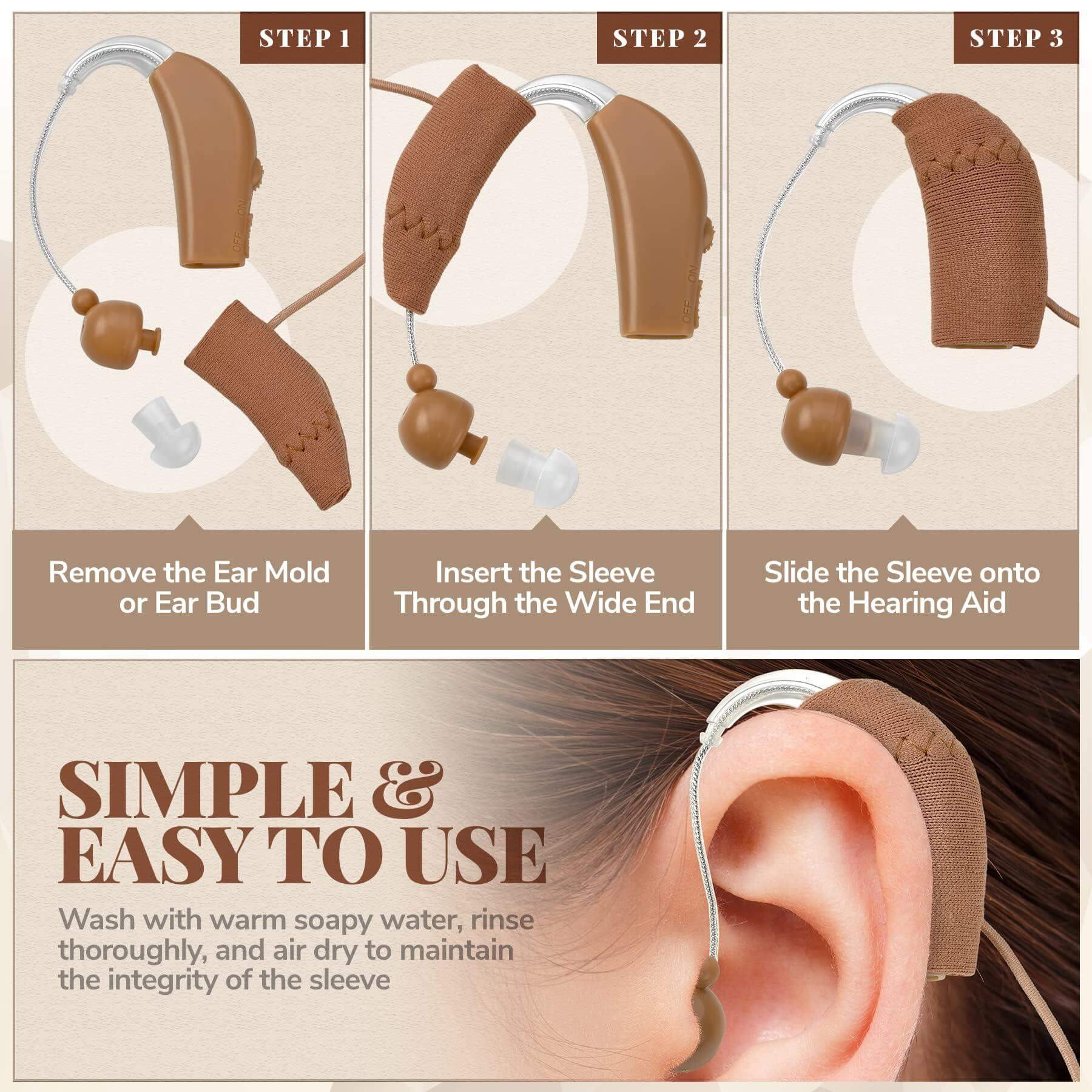 Hearing Aid Protectors and Clip - Corded Fabric Cover with Clasp Protects from Dirt Dust Sweat & Moisture Reduces Wind Noise & Prevents Loss Fits Most (1-Inch, 1.25-Inch, 2-Inch) BTE Devices