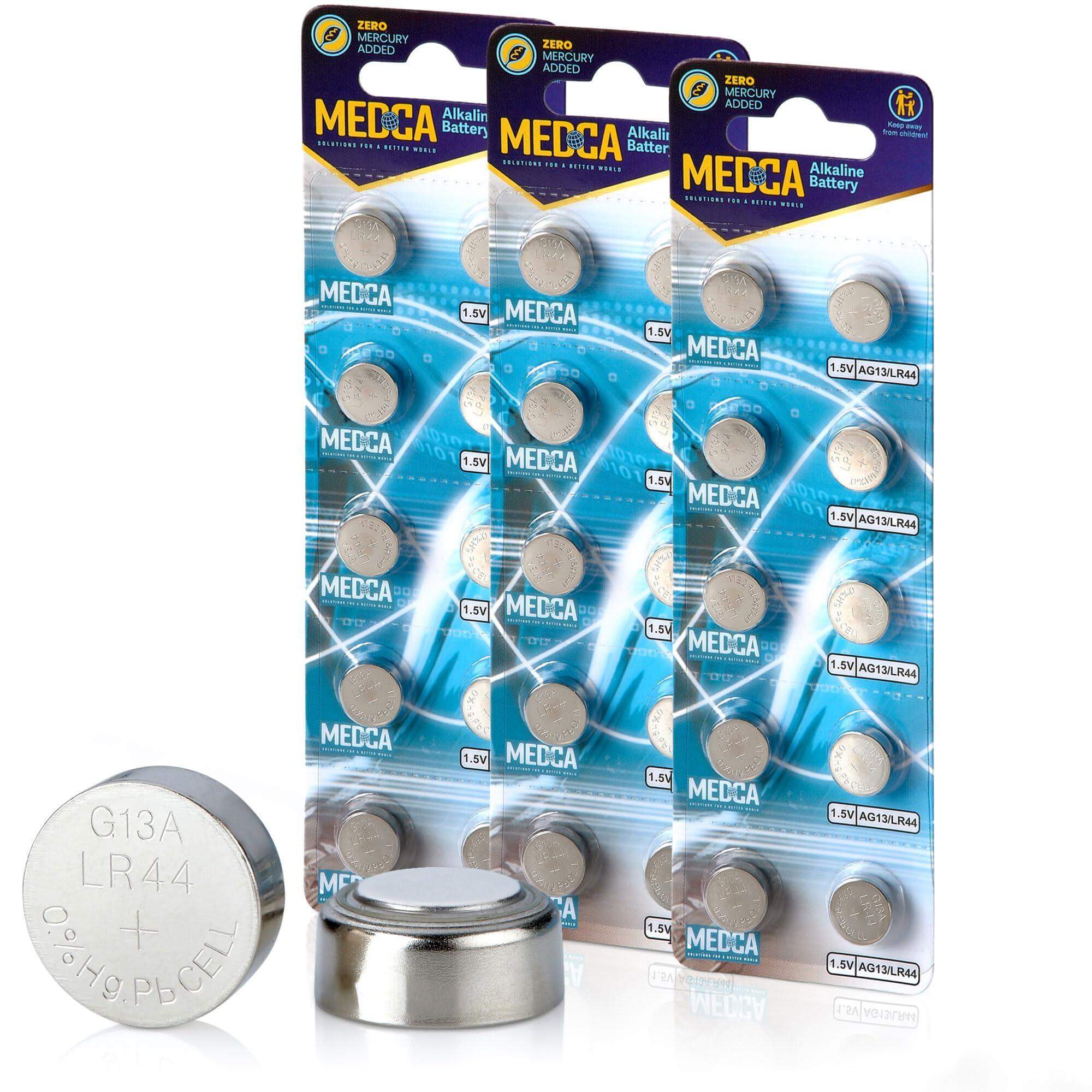 MEDca 1.5V Alkaline Batteries - LR44 L1154 AG13 357 303 SR44 Battery - Button Coin Cell for Hearing Aids and Amplifiers, Toys, Remotes, Calculators, Lasers | Long Lasting Power | Anti Corrosion | 30 PCS