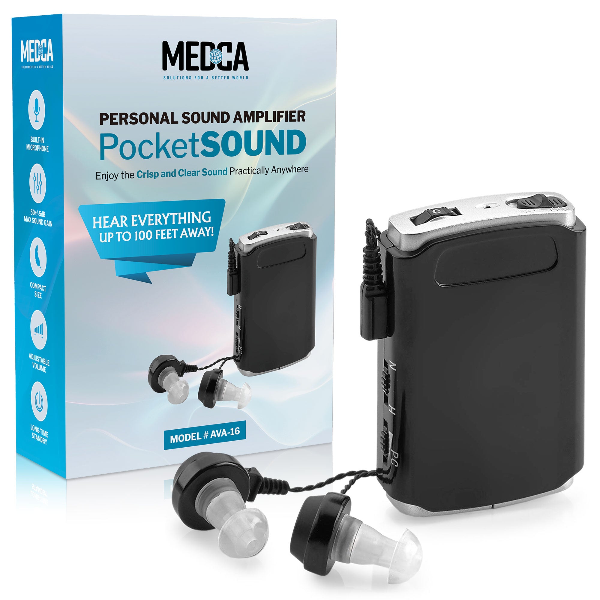 Sound Aids - Pocket Sound Voice Enhancer Device with Duo Mic/Ear Plus Extra Headphone and Microphone Set, Personal Sound Aids Device by MEDca