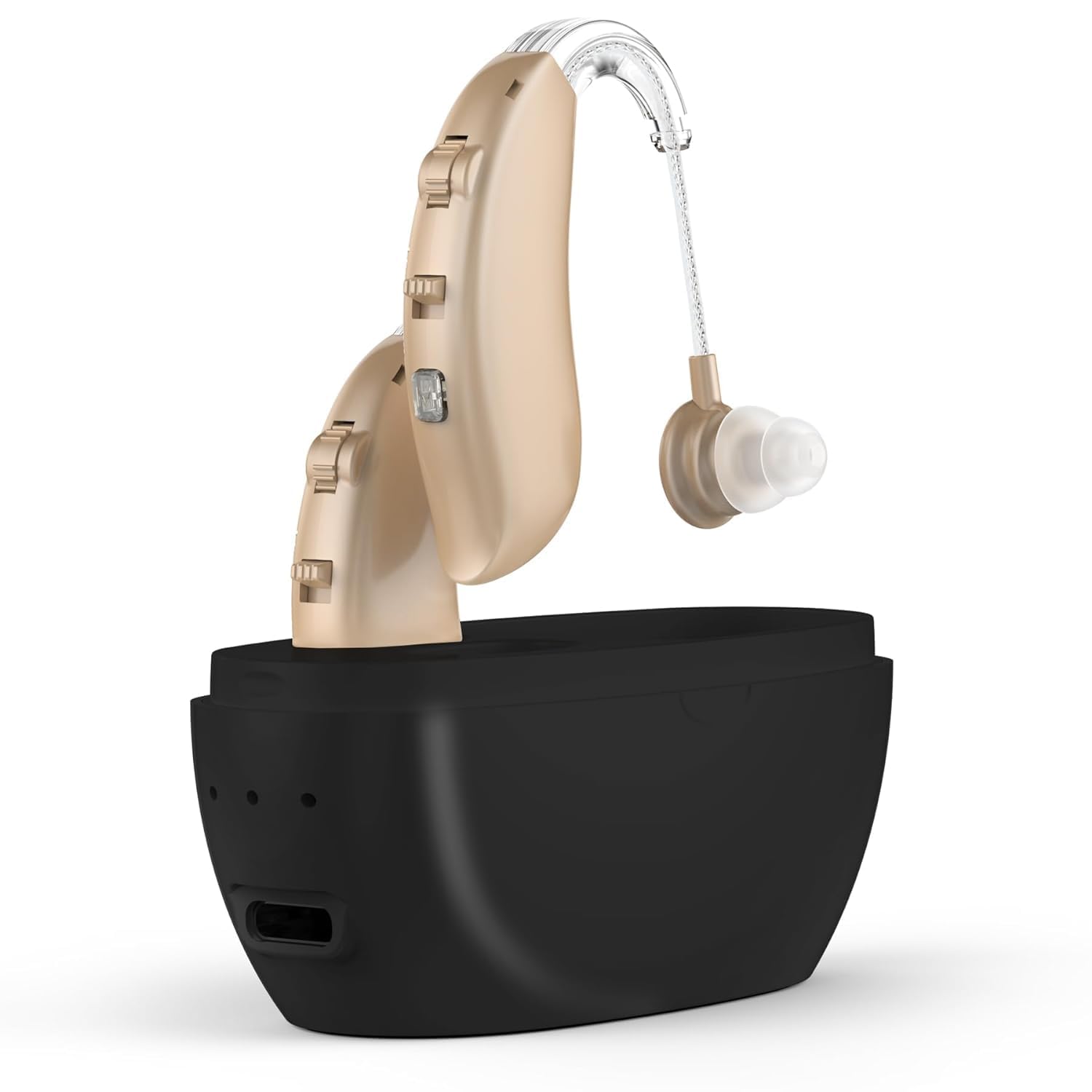 Rechargeable Hearing Aids for Seniors - BTE Digital Hearing Aids w/ Intelligent Noise Cancelling, Four Modes, Behind Ear Hearing Aid PSAP Pair w/ Volume Control and Charging Case, Beige