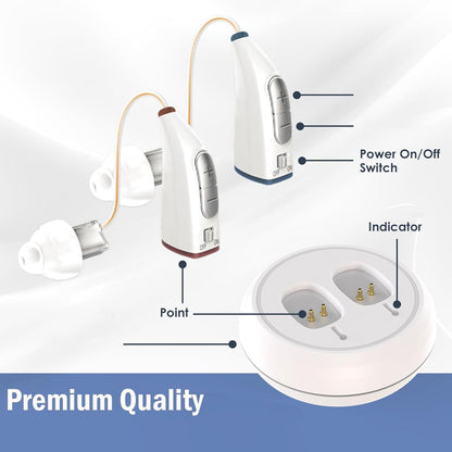 Rechargeable Hearing Aids for Seniors - (Pair) Digital Binaural Behind-the-Ear Personal Sound Amplification Aid Device, Long Lasting Battery, Comfortable All-Day BTE Design, Noise Cancellation, White