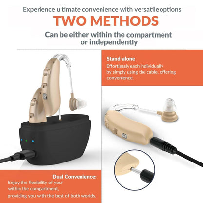 Rechargeable Hearing Aids for Seniors - BTE Digital Hearing Aids w/ Intelligent Noise Cancelling, Four Modes, Behind Ear Hearing Aid PSAP Pair w/ Volume Control and Charging Case, Beige