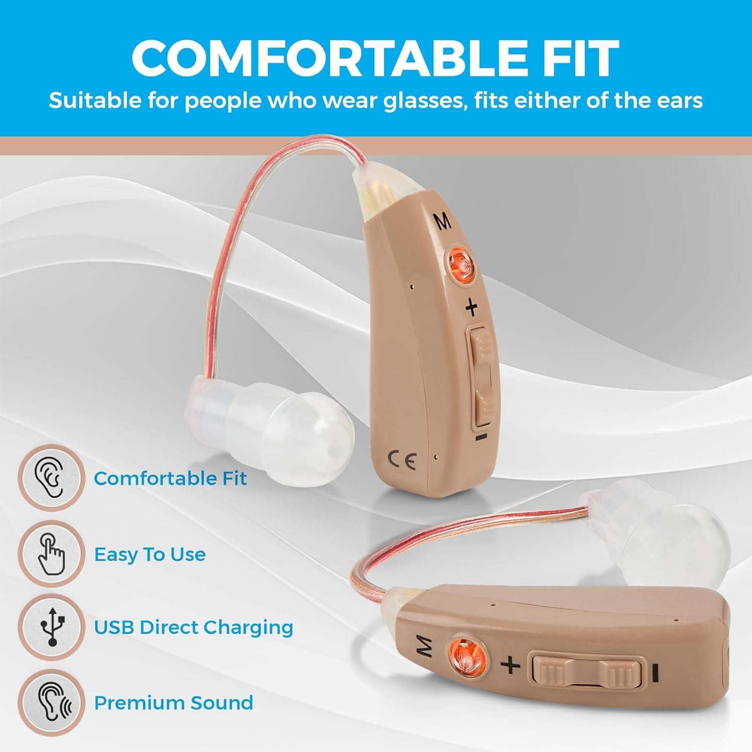 Rechargeable Hearing Aids - Premium Digital BTE Personal Sound Aids Device Pair with 2 Program Modes Noise Cancellation & Feedback Reduction & Fast Charging for Adults Seniors & Elderly