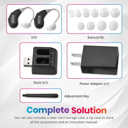 Digital Hearing Aids Set - Rechargeable Premium BTE Personal Sound Aids Pair with USB Dock, Behind The Ear Hearing Enhancement Devices with Long Lasting Battery Life