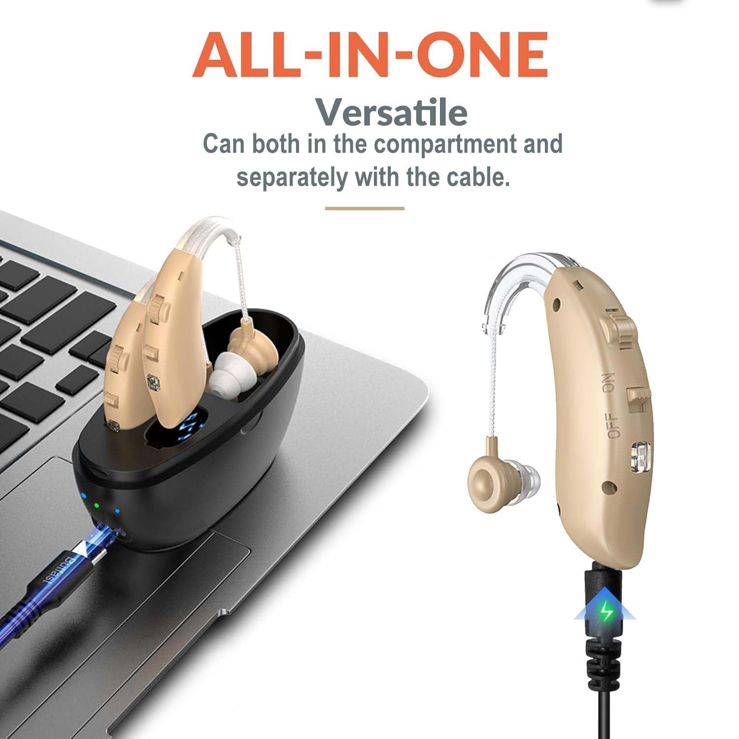 Rechargeable Hearing Aids for Seniors - BTE Digital Hearing Aids w/ Intelligent Noise Cancelling, Four Modes, Behind Ear Hearing Aid PSAP Pair w/ Volume Control and Charging Case, Beige