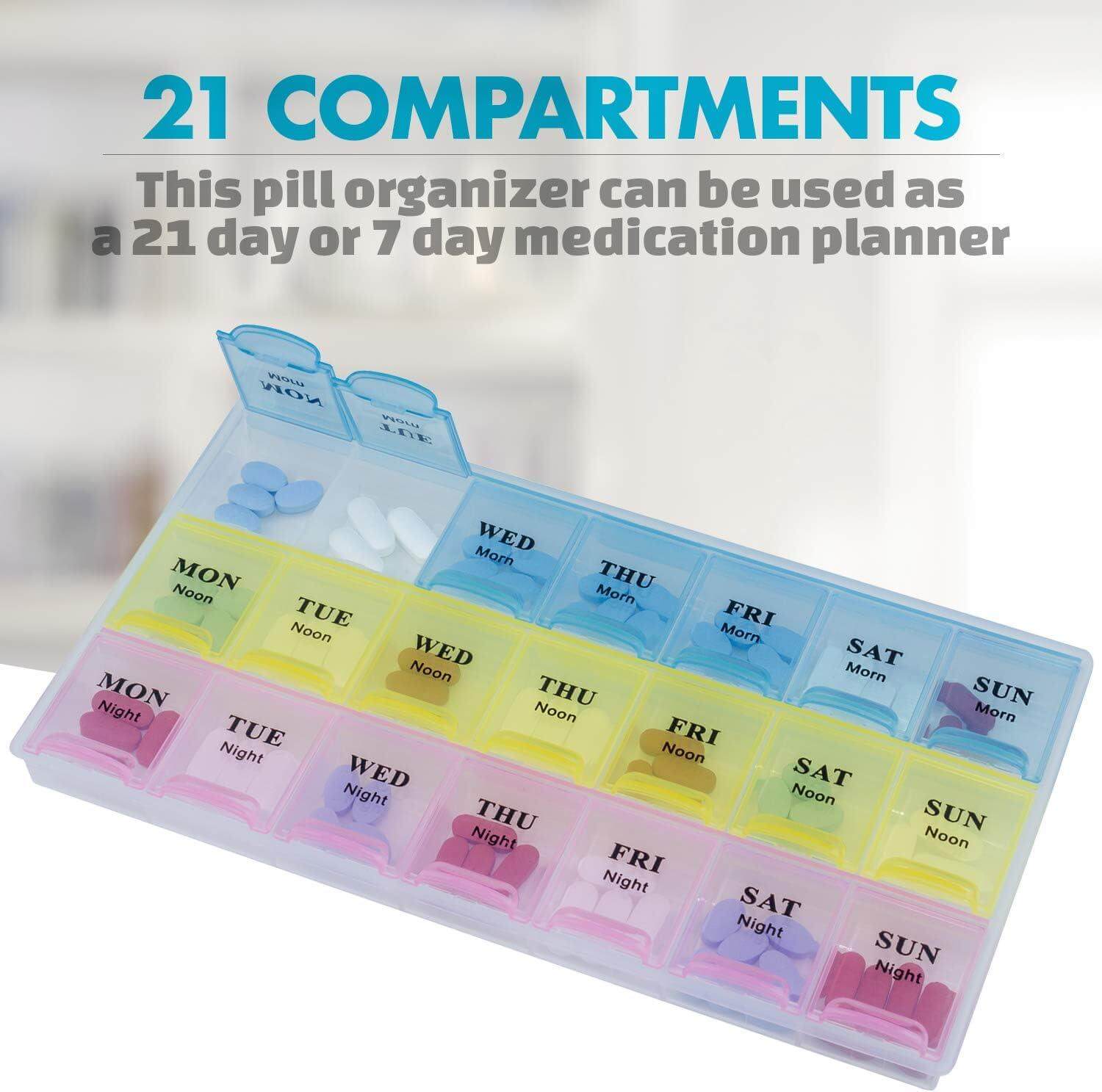 Weekly Pill Organizer - (Pack of 2) 21 Day Pill Planners for Pills Vitamins & Medication, Pill Box 3 Times-a-Day Medication Reminder Boxes, Easy to Read & Travel Friendly