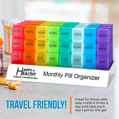 Month Pill Box Organizer - 4 Times-a-Day Morning-Noon-Evening-Night - Large 32 Daily Pill Cases with Compartments for Vitamins, Supplements, Medication -Travel Monthly Pill Organizer, Rainbow