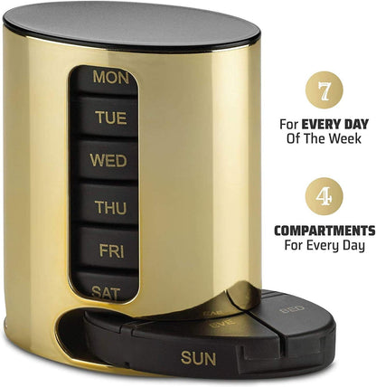 Daily Pill Organizer - (4 Times a Day) Stackable Medication Reminder - Premium Weekly AM/PM Pill Box with 7 Daily Stackable Trays and Medicine Organizer for Vitamins, Fish Oils and Supplements, Gold