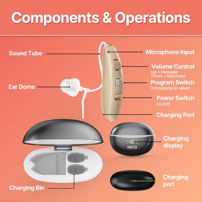 Rechargeable Hearing Aids for Seniors - BTE Digital Hearing Aids with Noise Cancelling for Moderate to Severe Hearing Loss, RIC 16 Channel Noise Cancelling Hearing Aid, Magnetic Charging Case