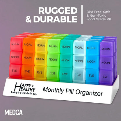 Month Pill Box Organizer - 4 Times-a-Day Morning-Noon-Evening-Night - Large 32 Daily Pill Cases with Compartments for Vitamins, Supplements, Medication -Travel Monthly Pill Organizer, Rainbow