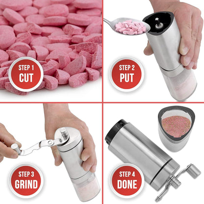 Pill Grinder - Pro Manual Pill Crusher and Cutter Crush, Grind and Pulverize Multiple Pills and Tablets to Fine Powder Use for Seniors, Feeding Tubes, Kids or Dogs, Cats, & Pets, Stainless Steel