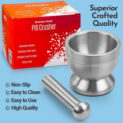 Pill Crusher - 304 Food Grade Stainless Steel Mortar and Pestle Medicine Grinder Set - Non-Slip Splitter to Easily Crush Medicine Pills Tablets Vitamins to Fine Powder for Adults, Seniors, Dogs, Pets