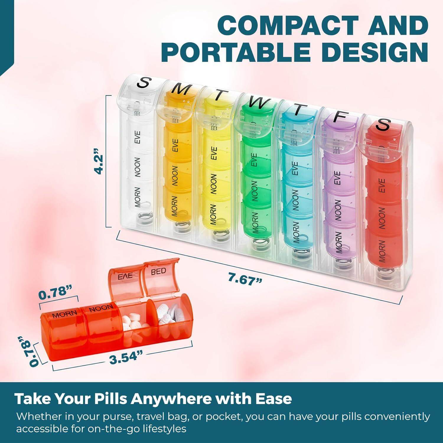 Weekly Pill Organizer - (Pack of 2) Pill Planners for Pills & Vitamins Each Day Week, Four Times-a-Day Medication Reminder, Easy to Read AM/PM Compartments Monday to Sunday for Travel & Purse