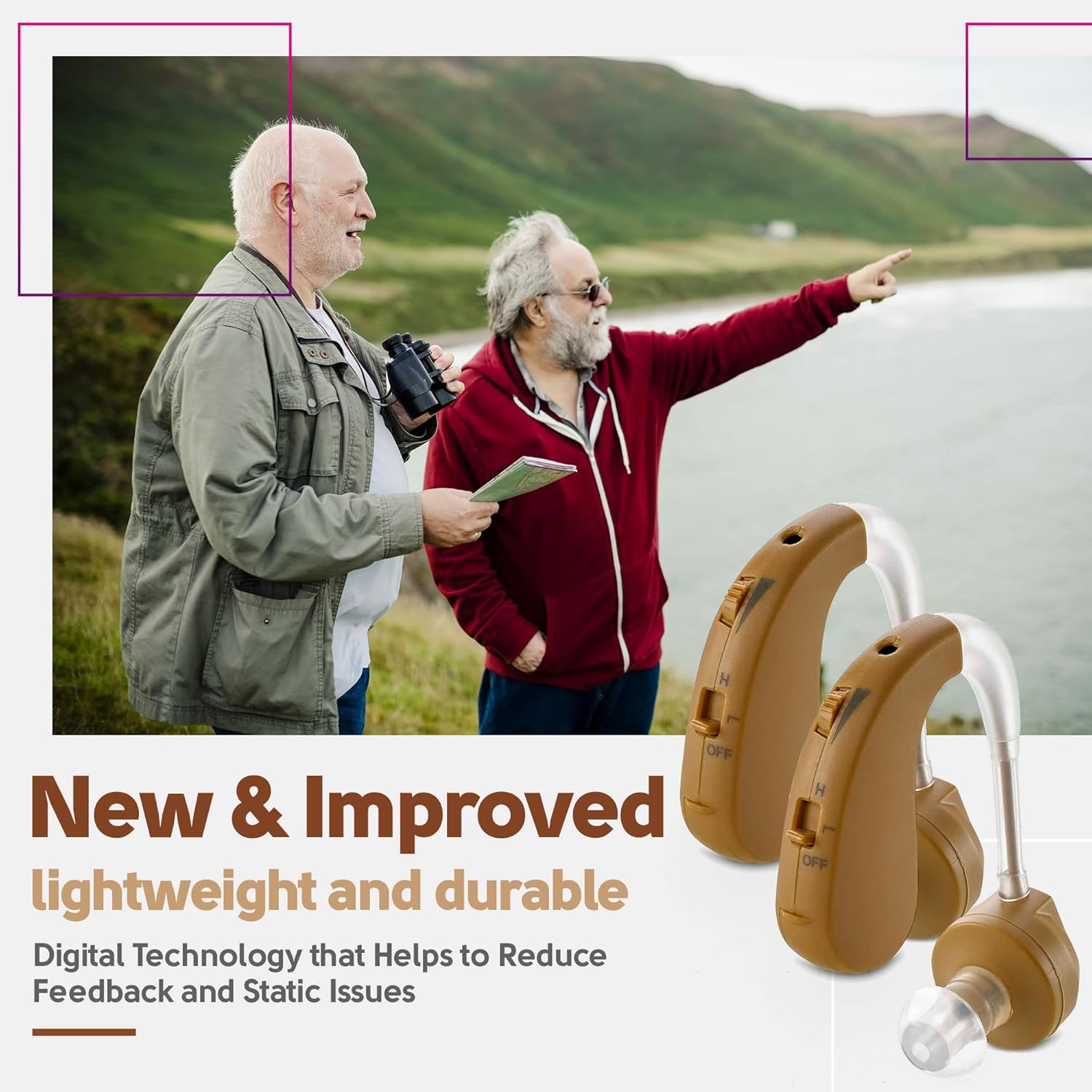 Digital Hearing Aids - BTE Behind the Ear Sound Aids Pair and Personal Sound Enhancer Set with Noise Reducing Feature that is Smaller & Discreet - Ready to Wear in Any Left or Right Ear