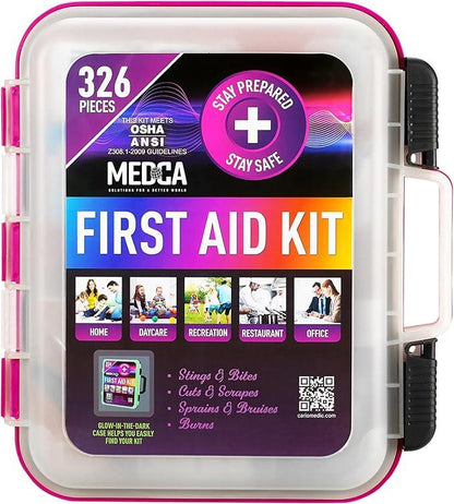 First Aid Kit - Emergency First Aid Kit and Medical Kit Exceeds ANSI Z308.1-2009 OSHA Standards, Hard Case, Wall Mount & Glows in The Dark for Offices, Home, Schools, Daycare, Construction Sites