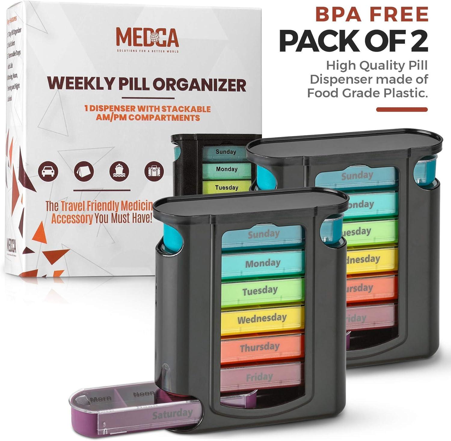 Stackable Daily Pill Organizer - 2 Pack, 4 Times a Day Weekly Medication Reminder - Premium Weekly AM/PM Pill Box with 7 Individual Stacking Cases, a Everyday Medicine Organizer for Vitamins