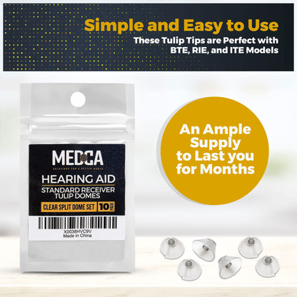 MEDca Hearing Aid Standard Receiver Tulip Domes Compatible with GN Resound Sure Fit - 10-Pcs Universal Invisible Tip Replacement Ear Domes for BTE PSAP Hearing Amplifiers and Open Fit Models, Clear