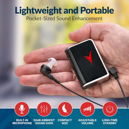 Personal Sound Aids - Personal Audio Aids Device and Voice Enhancer Device for Sound Gain of 50dB, Up to 100 Feet Away, Pocket Hearing Devices