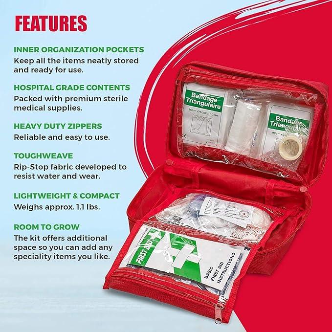 First Aid Kit - 96 Piece Compact Lightweight Portable Safety Trauma Bag Emergency Survival Kit Gear Home and Provide Immediate Care - Office Car Travel Hiking Camping and Other Outdoor Activities