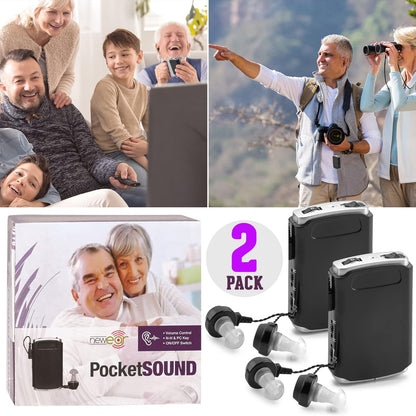 Rechargeable Personal Sound Aids - Pack of 2, Lightweight Compact Pocket Sounds Voice Enhancer Audio Hearing Device w/ Background Noise Reduction Digital Hearing for Adults and Seniors