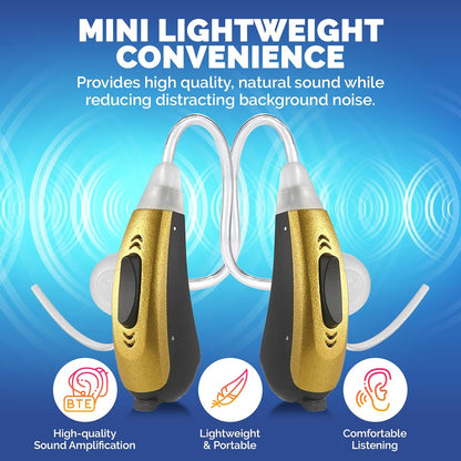 Mini BTE Slim Tube Digital Hearing Aids 2-Tone Battery Operated Personal Sound Device Set with 4 Programable Settings - Lightweight & Comfortable for Daily Use for Adult Elderly & Seniors