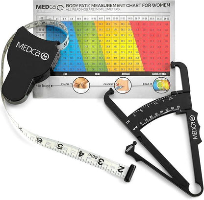 MEDca Body Fat Caliper and Measuring Tape for Body - Skinfold Calipers and Body Fat Tape Measure Tool for Accurately Measuring BMI Skin Fold Fitness and Weight-Loss, (Black)