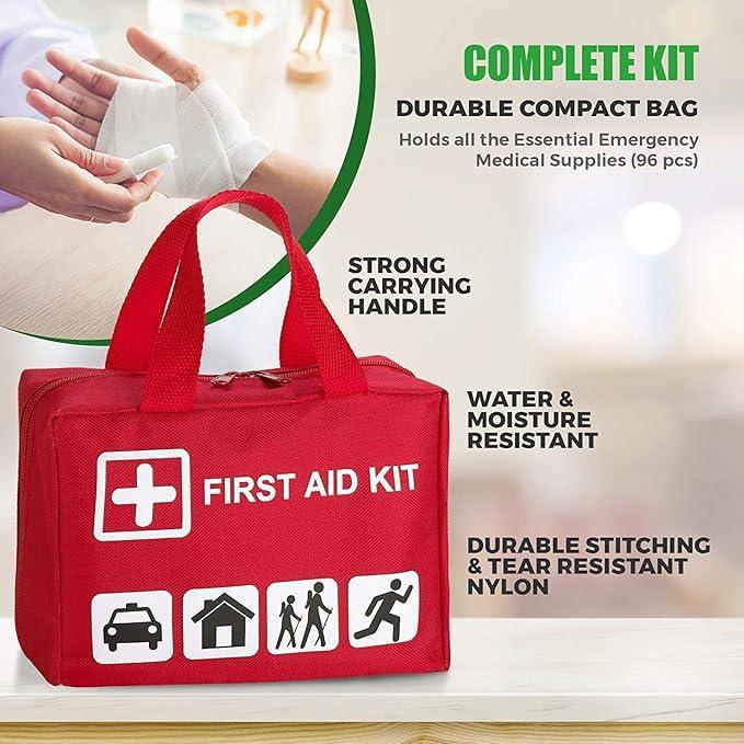 First Aid Kit - 96 Piece Compact Lightweight Portable Safety Trauma Bag Emergency Survival Kit Gear Home and Provide Immediate Care - Office Car Travel Hiking Camping and Other Outdoor Activities