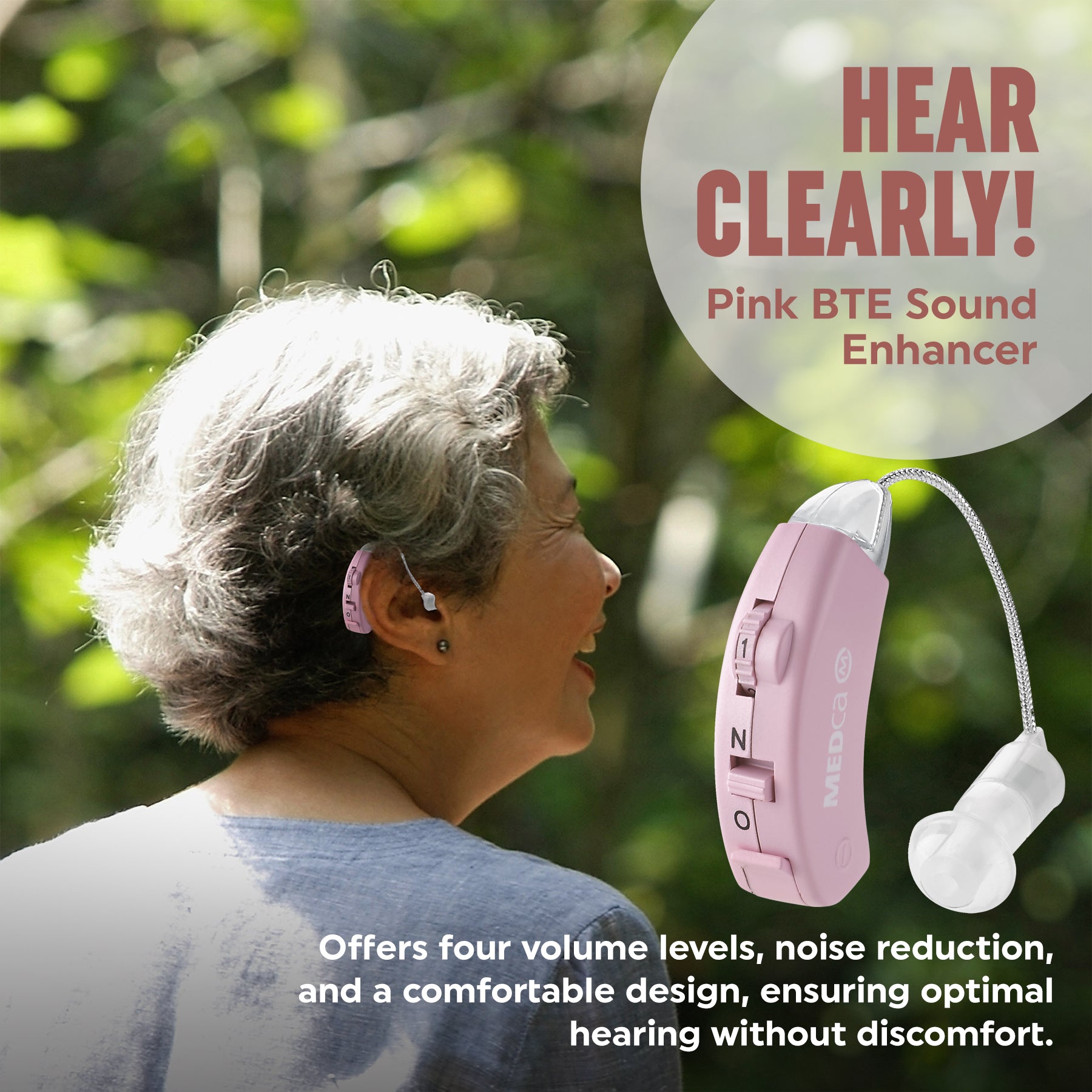 Digital Hearing Aids - Behind the Ear Sound Aids Set, BTE Hearing Ear Amplification Device and Digital Sound Enhancer PSAD for Hard of Hearing, Noise Reducing Feature, Pink by MEDca