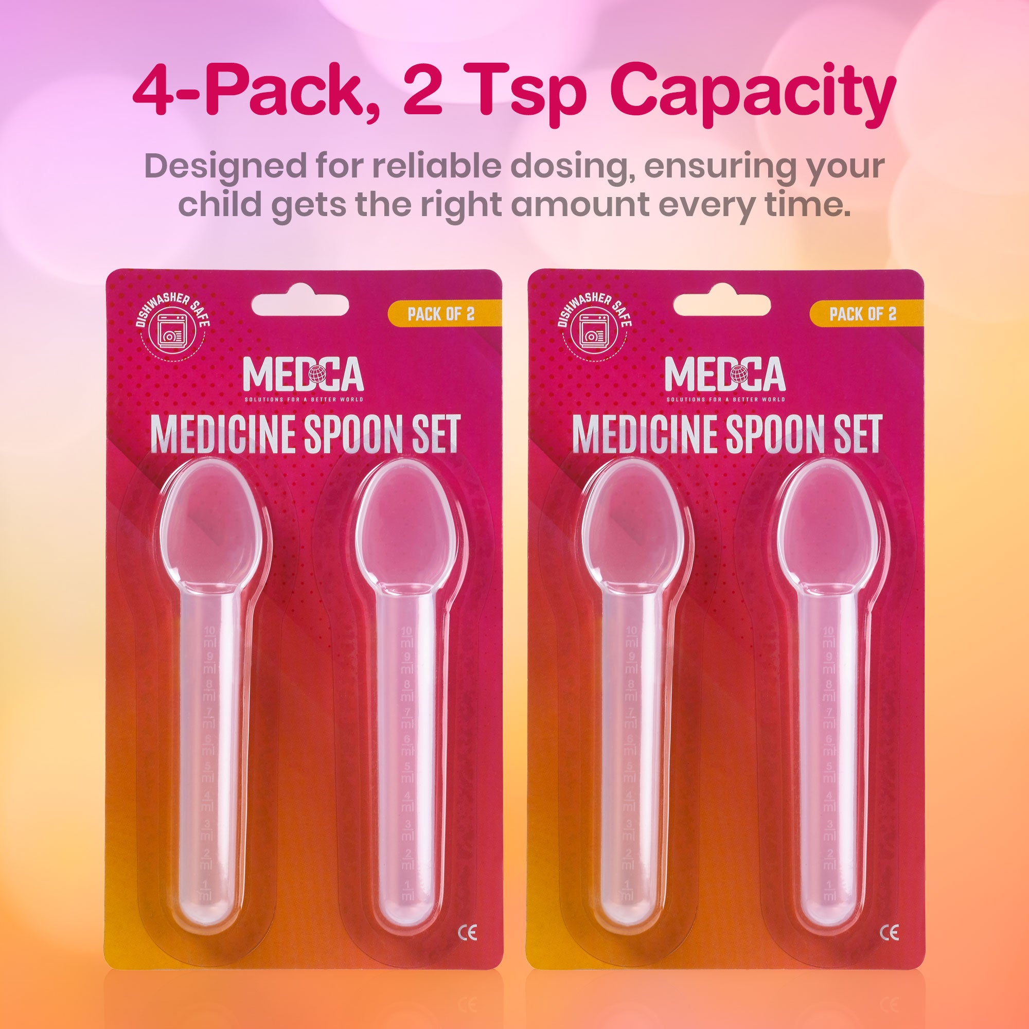 Calibrated Medicine Spoon for Kids, Baby & Toddler - (Pack of 4) - 2 Tsp/10 mL Capacity Plastic Oral Liquid Dose Medication Graduated Dispenser