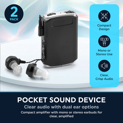 Rechargeable Personal Sound Aids - Pack of 2, Lightweight Compact Pocket Sounds Voice Enhancer Audio Hearing Device w/ Background Noise Reduction Digital Hearing for Adults and Seniors