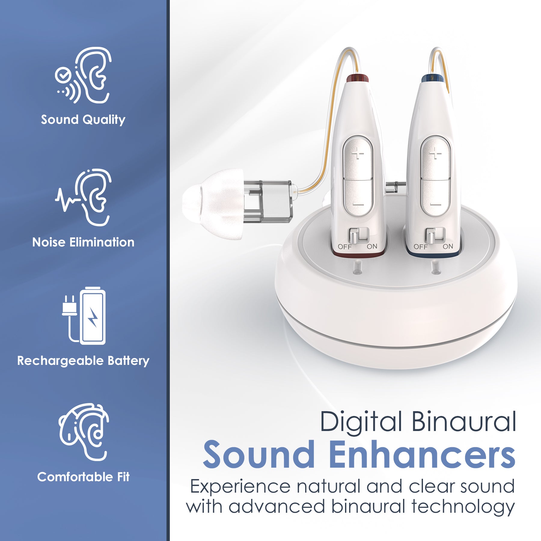 Rechargeable Hearing Aids for Seniors - (Pair) Digital Binaural Behind-the-Ear Personal Sound Amplification Aid Device, Long Lasting Battery, Comfortable All-Day BTE Design, Noise Cancellation, White