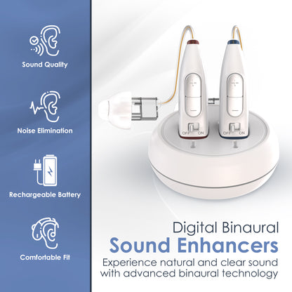 Rechargeable Hearing Aids for Seniors - (Pair) Digital Binaural Behind-the-Ear Personal Sound Amplification Aid Device, Long Lasting Battery, Comfortable All-Day BTE Design, Noise Cancellation, White