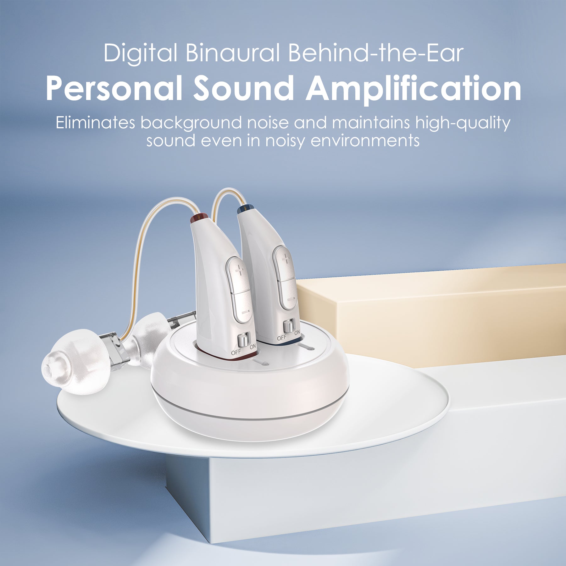 Rechargeable Hearing Aids for Seniors - (Pair) Digital Binaural Behind-the-Ear Personal Sound Amplification Aid Device, Long Lasting Battery, Comfortable All-Day BTE Design, Noise Cancellation, White