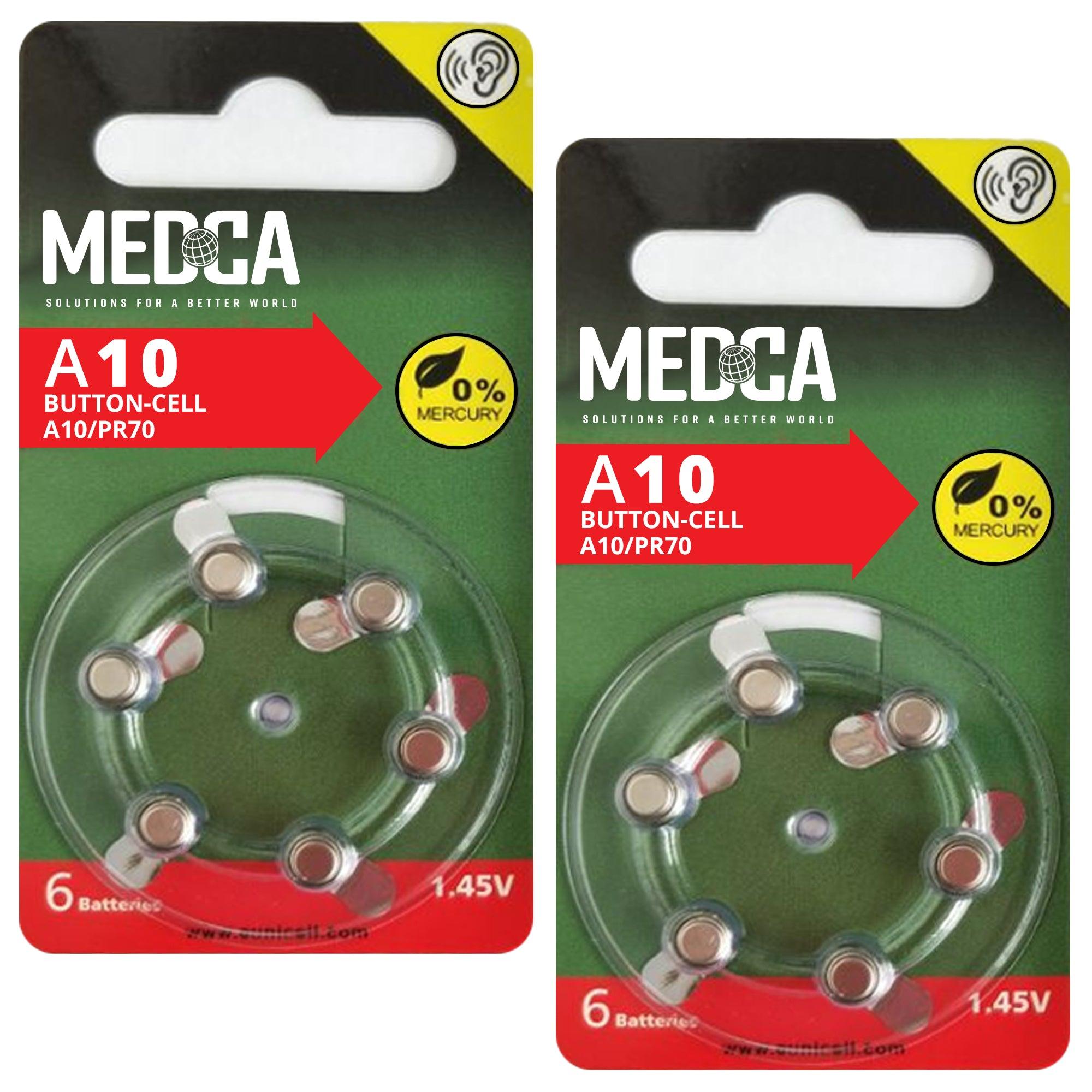 MEDca A10 Batteries - 12 Count Pack - 1.45V Zinc Air Yellow Tab Battery Button Coin Cell Batteries for Hearing Aids and Hearing Amplifiers, 10, P10, PR70, or ZL4