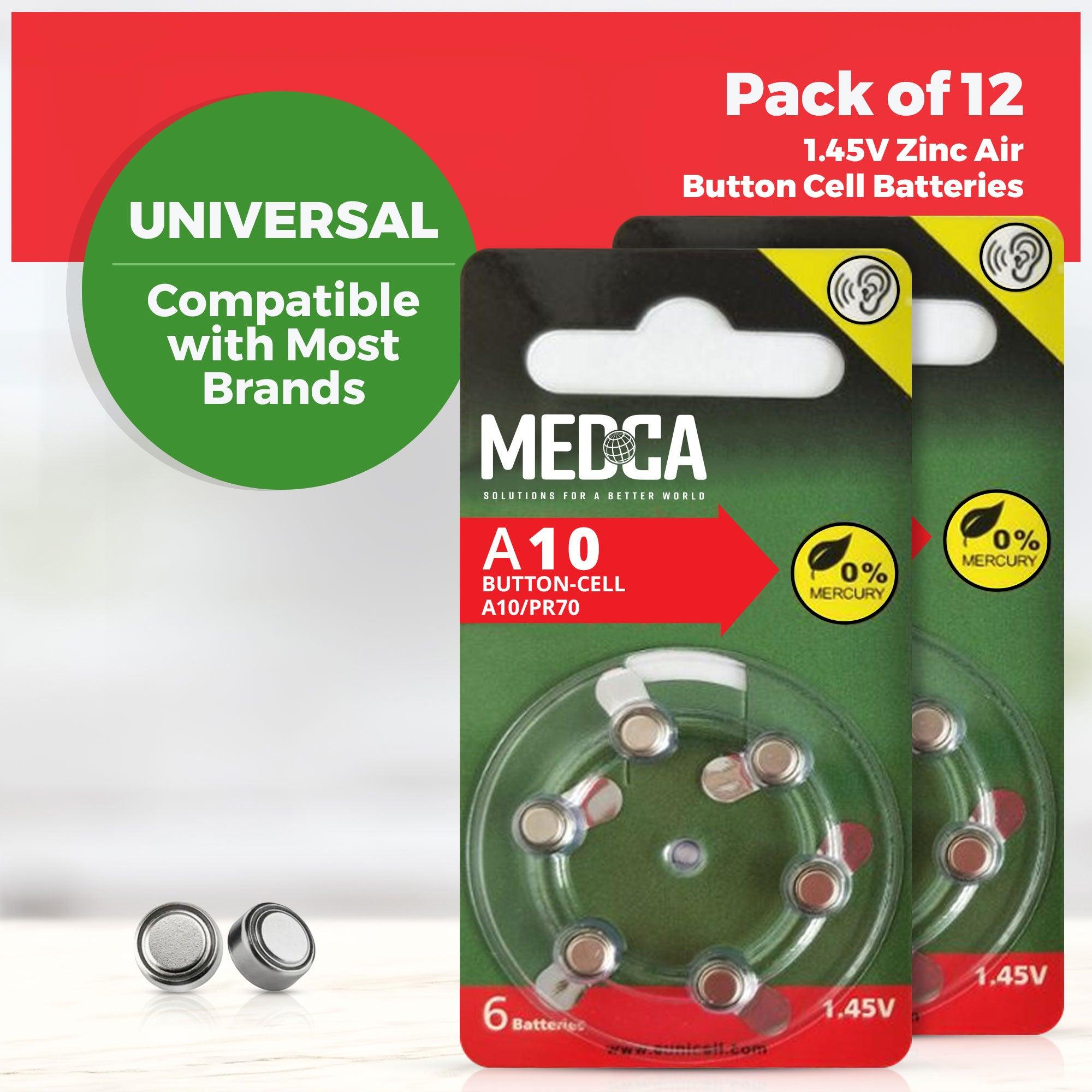 MEDca A10 Batteries - 12 Count Pack - 1.45V Zinc Air Yellow Tab Battery Button Coin Cell Batteries for Hearing Aids and Hearing Amplifiers, 10, P10, PR70, or ZL4