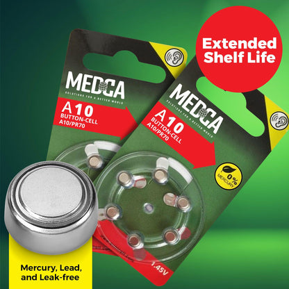 MEDca A10 Batteries - 12 Count Pack - 1.45V Zinc Air Yellow Tab Battery Button Coin Cell Batteries for Hearing Aids and Hearing Amplifiers, 10, P10, PR70, or ZL4