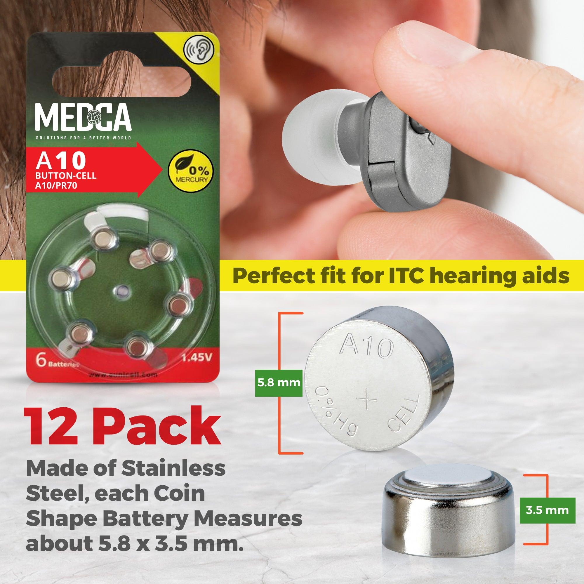 MEDca A10 Batteries - 12 Count Pack - 1.45V Zinc Air Yellow Tab Battery Button Coin Cell Batteries for Hearing Aids and Hearing Amplifiers, 10, P10, PR70, or ZL4