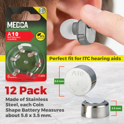 MEDca A10 Batteries - 12 Count Pack - 1.45V Zinc Air Yellow Tab Battery Button Coin Cell Batteries for Hearing Aids and Hearing Amplifiers, 10, P10, PR70, or ZL4