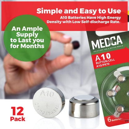 MEDca A10 Batteries - 12 Count Pack - 1.45V Zinc Air Yellow Tab Battery Button Coin Cell Batteries for Hearing Aids and Hearing Amplifiers, 10, P10, PR70, or ZL4