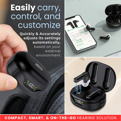 Premium Digital Hearing Aids for Seniors and Adults w/ Noise Reduction, Lightweight In-Ear Bluetooth Hearing Amplifiers, Smart App Control, Rechargeable All-Day Battery Life Magnetic LCD Charging Case