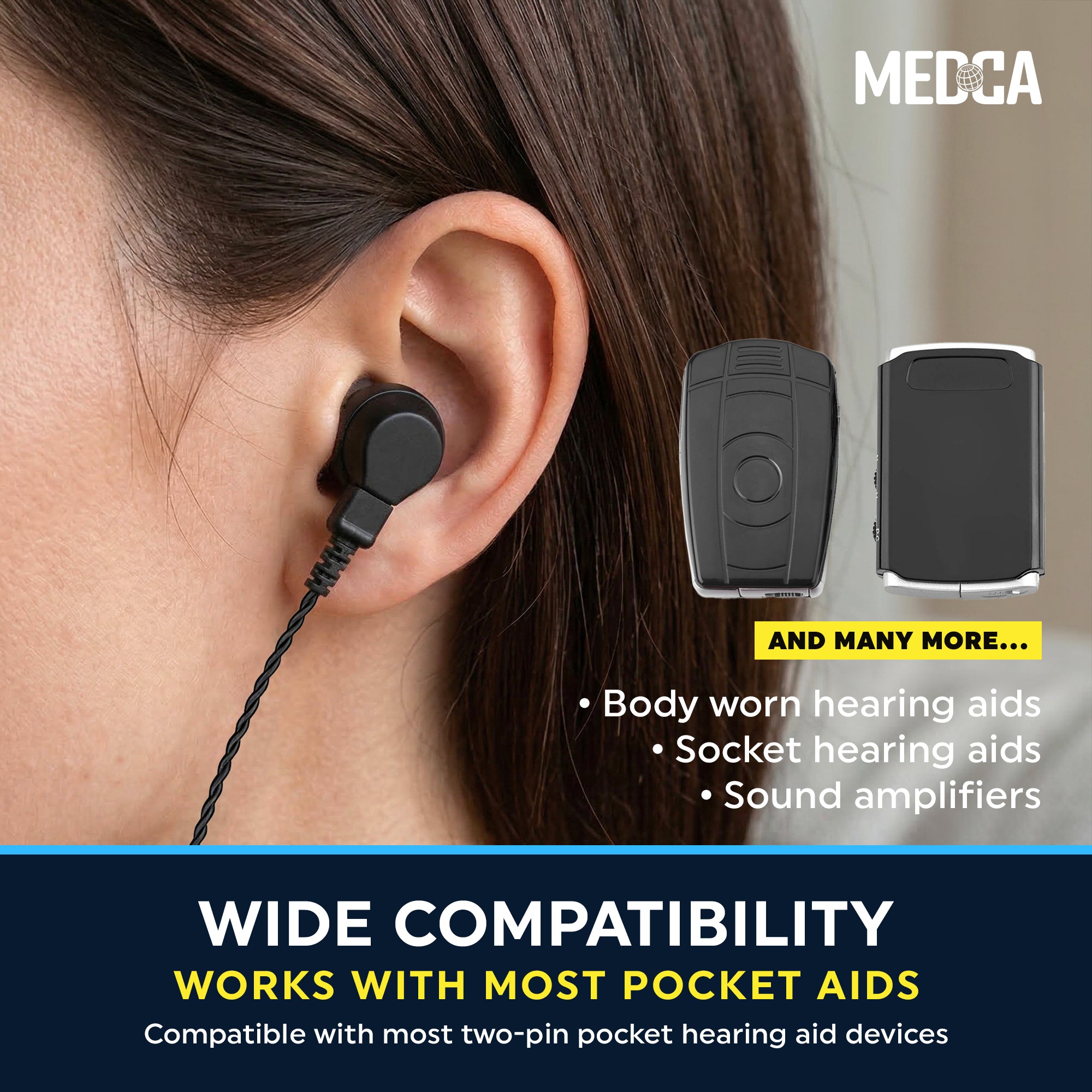 MEDca 2 Pin Hearing Aid Replacement Cord & Receiver Set - Compatible with Most Pocket Hearing Aids AVA-16 & AVA-68 Body Worn Hearing Amplifiers - 75cm Cable - Sound Amplifier Accessory & 6 Ear Domes
