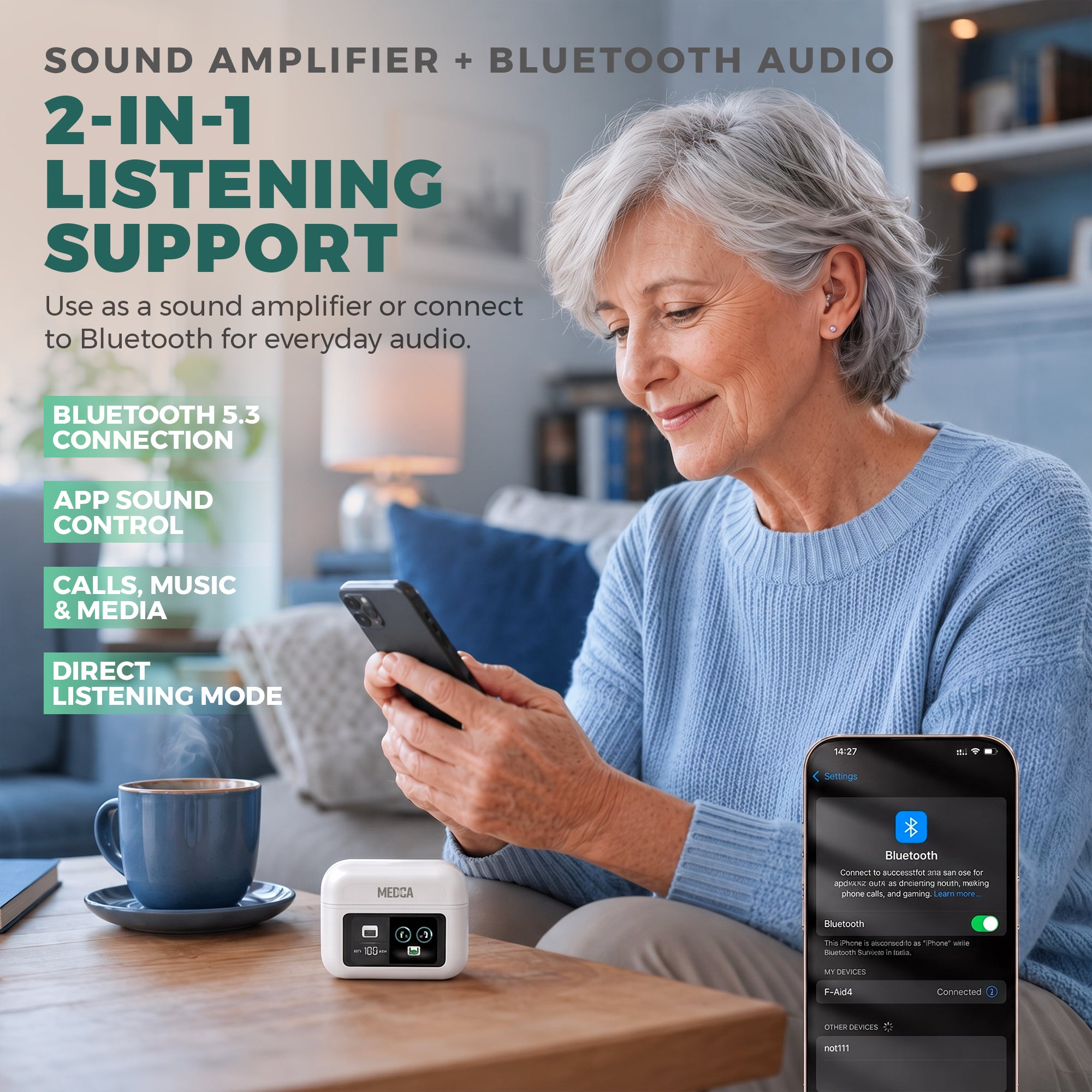 MEDca Bluetooth Hearing Amplifier for Adults - Rechargeable Personal Sound Amplifier with Smart App, Noise Reduction, LED Charging Case, 5 Volume Levels, Type-C Charging, Wireless Calls & Music