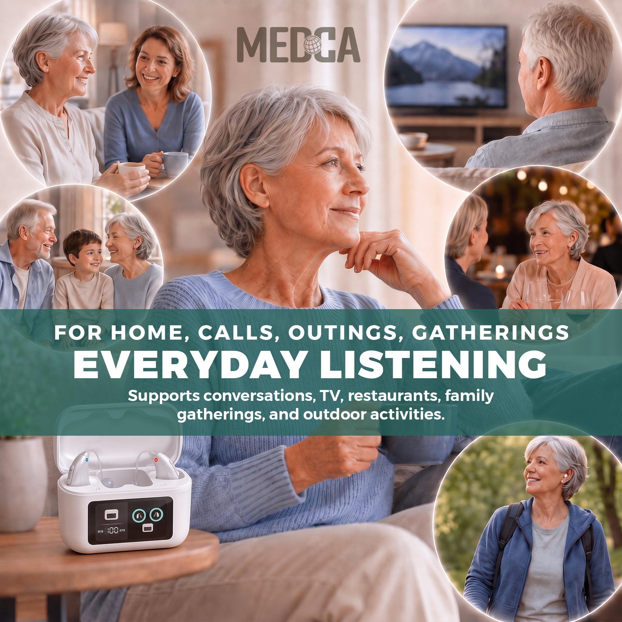 MEDca Bluetooth Hearing Amplifier for Adults - Rechargeable Personal Sound Amplifier with Smart App, Noise Reduction, LED Charging Case, 5 Volume Levels, Type-C Charging, Wireless Calls & Music